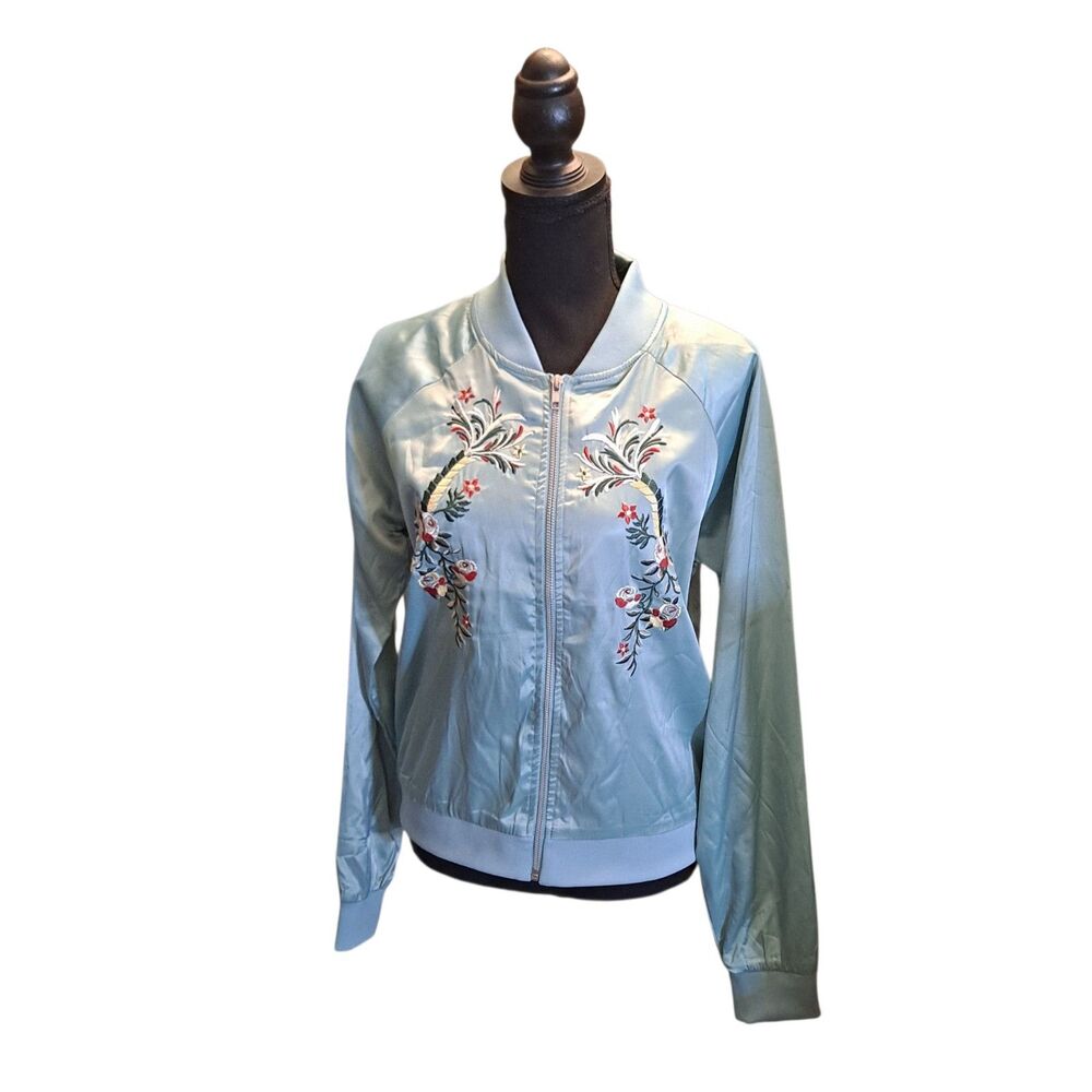 Romeo & Juliet Couture Bomber Jacket Womens M Satin Mint Embroidered Retro-chic